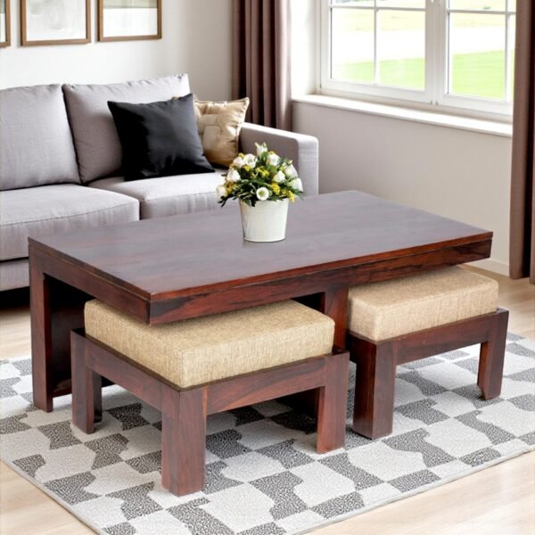 Ikiriya Irish Sheesham Wood Accent Coffee Table Set with 2 Stools in Dark Walnut Finish with Jute Beige Cushions