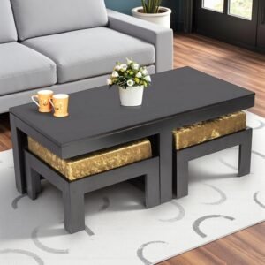 Ikiriya Irish Sheesham Wood Accent Coffee Table Set with 2 Stools in Extra Dark Mahagony Finish with Green Sparkle Velvet Cushions