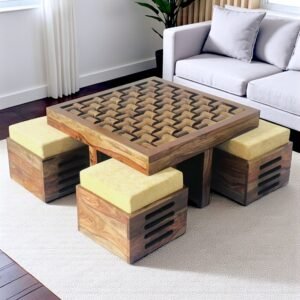 Ikiriya Nirva Sheesham Wood Accent Coffee Table Set with 4 Stools in Teak Finish with Beige Mossy Fabric Cushions