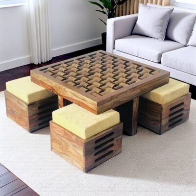 Ikiriya Nirva Sheesham Wood Accent Coffee Table Set with 4 Stools in Teak Finish with Beige Mossy Fabric Cushions