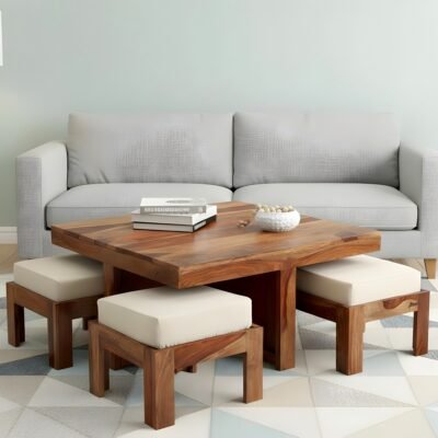 Ikiriya Blane Sheesham Wood Accent Coffee Table Set with 4 Stools in Natural Teak Finish with Jute White Cushions