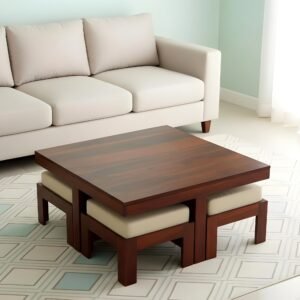 Ikiriya Blane Sheesham Wood Accent Coffee Table Set with 4 Stools in Honey Finish with Jute White Cushions