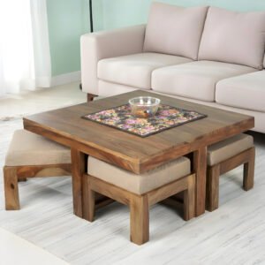 Ikiriya Blane Sheesham Wood Accent Coffee Table Set with 4 Stools in Teak Finish with Jute Beige Cushions