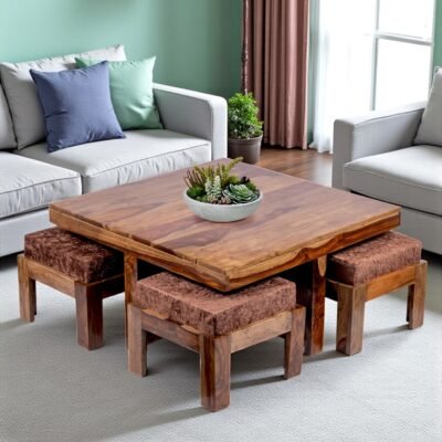 Ikiriya Blane Sheesham Wood Accent Coffee Table Set with 4 Stools in Teak Finish with Caramel Brown Sparkle Velvet Cushions