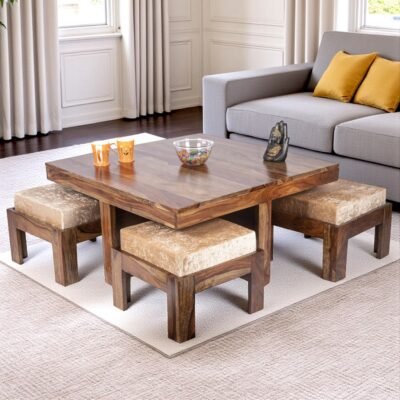 Ikiriya Blane Sheesham Wood Accent Coffee Table Set with 4 Stools in Teak Finish with Beige Sparkle Velvet Cushions