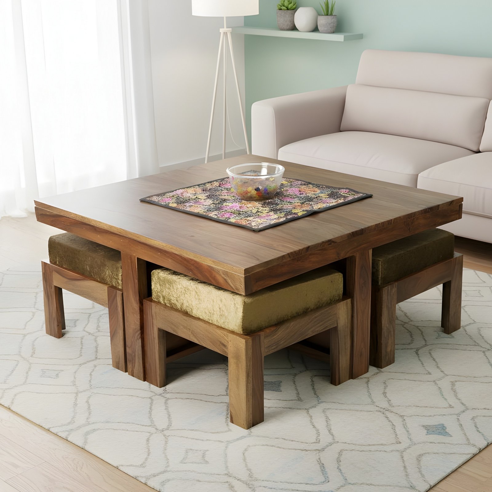 Ikiriya Blane Sheesham Wood Accent Coffee Table Set with 4 Stools in Teak Finish with Green Sparkle Velvet Cushions