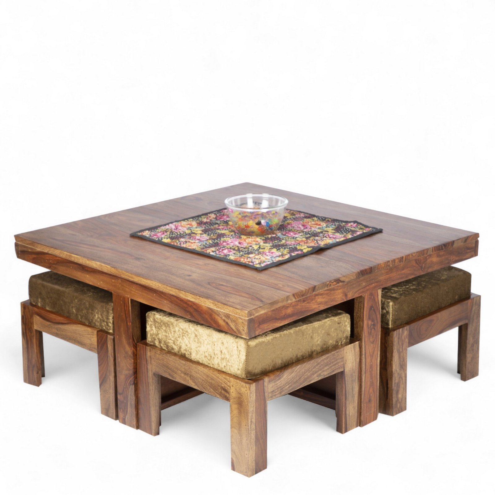 Ikiriya Blane Sheesham Wood Accent Coffee Table Set with 4 Stools in Teak Finish with Green Sparkle Velvet Cushions - Image 2