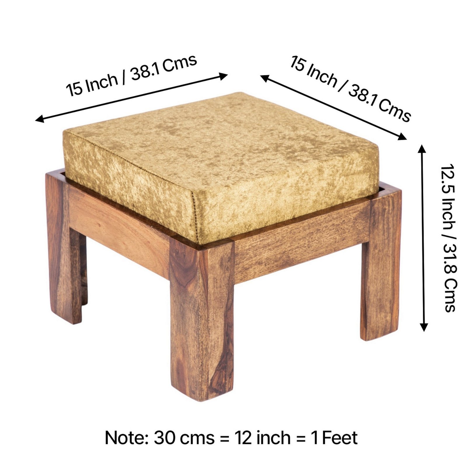 Ikiriya Blane Sheesham Wood Accent Coffee Table Set with 4 Stools in Teak Finish with Green Sparkle Velvet Cushions - Image 4