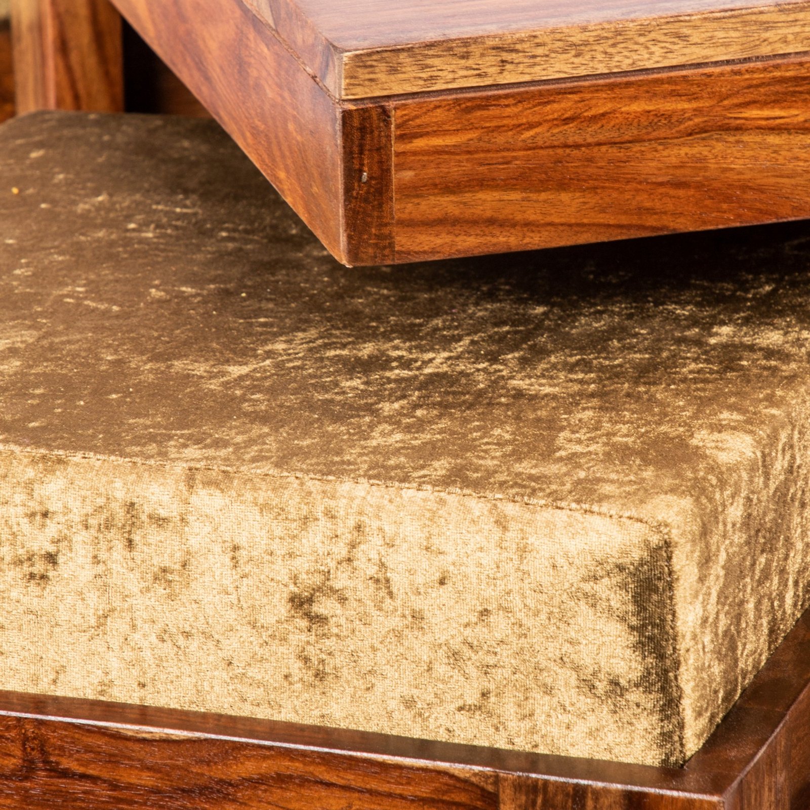 Ikiriya Blane Sheesham Wood Accent Coffee Table Set with 4 Stools in Teak Finish with Green Sparkle Velvet Cushions - Image 5