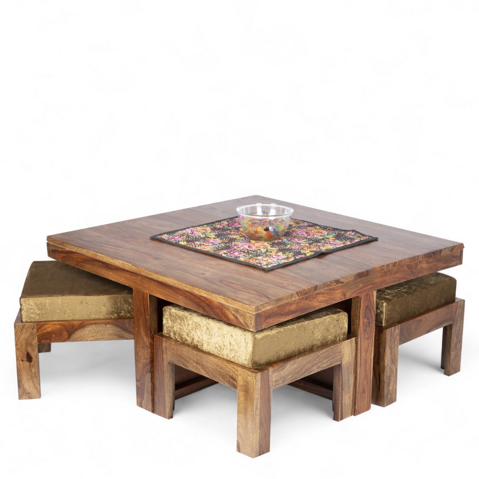 Ikiriya Blane Sheesham Wood Accent Coffee Table Set with 4 Stools in Teak Finish with Green Sparkle Velvet Cushions - Image 6