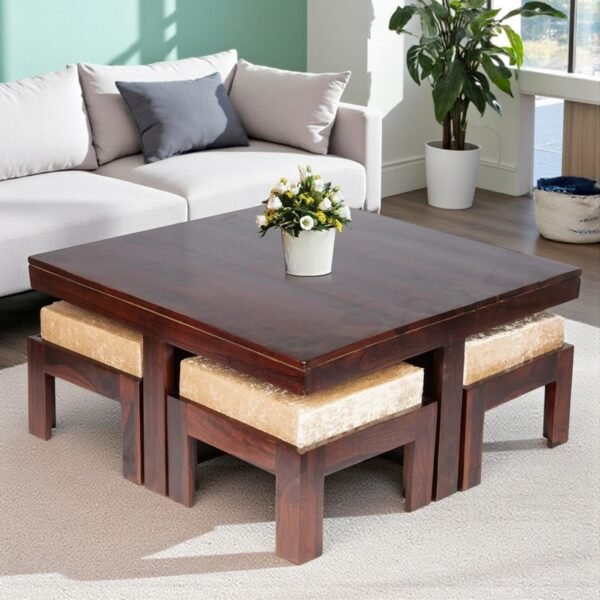 Ikiriya Blane Sheesham Wood Accent Coffee Table Set with 4 Stools in Dark Walnut Finish with Beige Sparkle Velvet Cushions