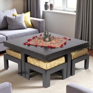 Ikiriya Blane Sheesham Wood Accent Coffee Table Set with 4 Stools in Extra Dark Mahagony Finish with Green Sparkle Velvet Cushions
