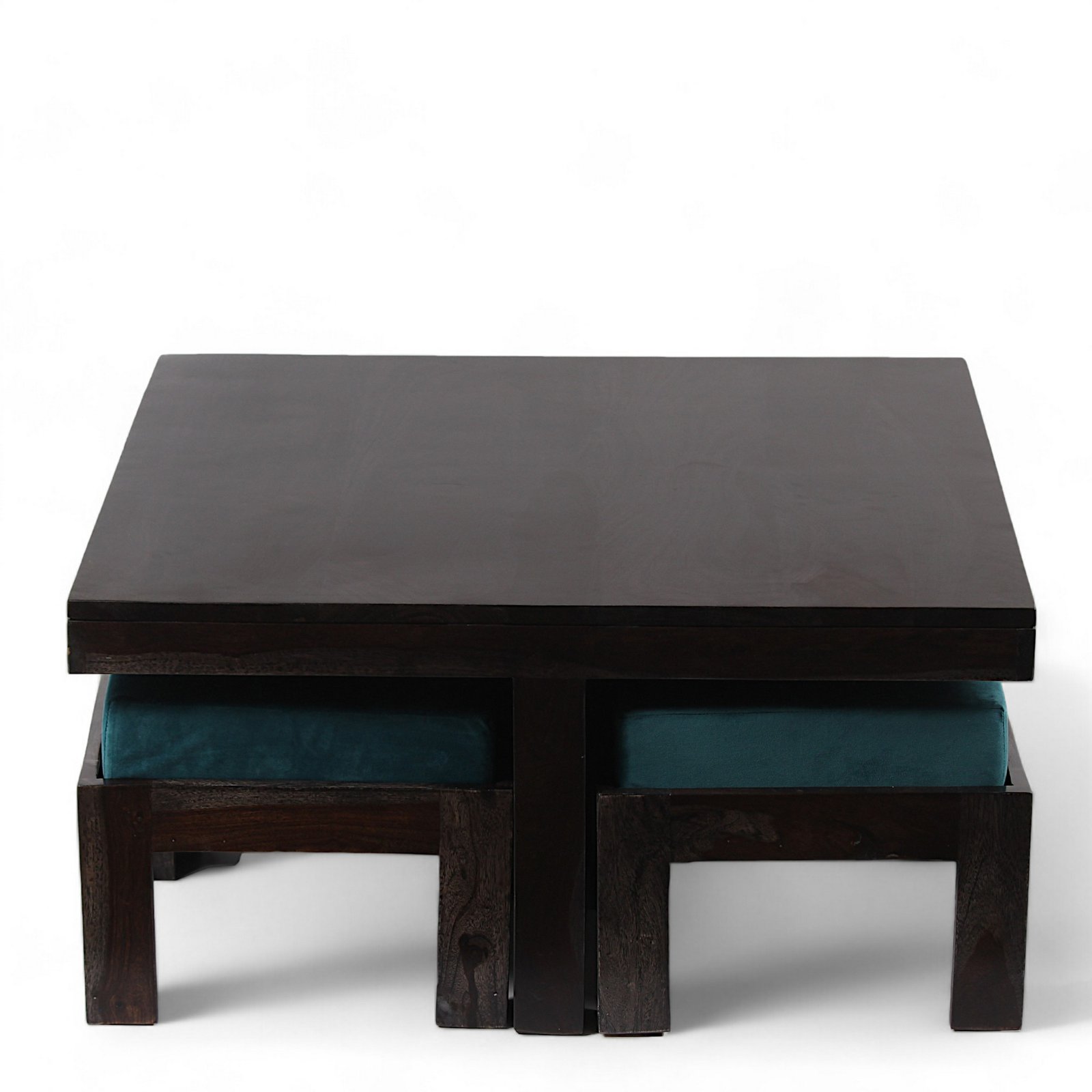 Ikiriya Blane Sheesham Wood Accent Coffee Table Set with 4 Stools in Dark Mahagony Finish with Turquoise Sea Velvet Cushions - Image 11