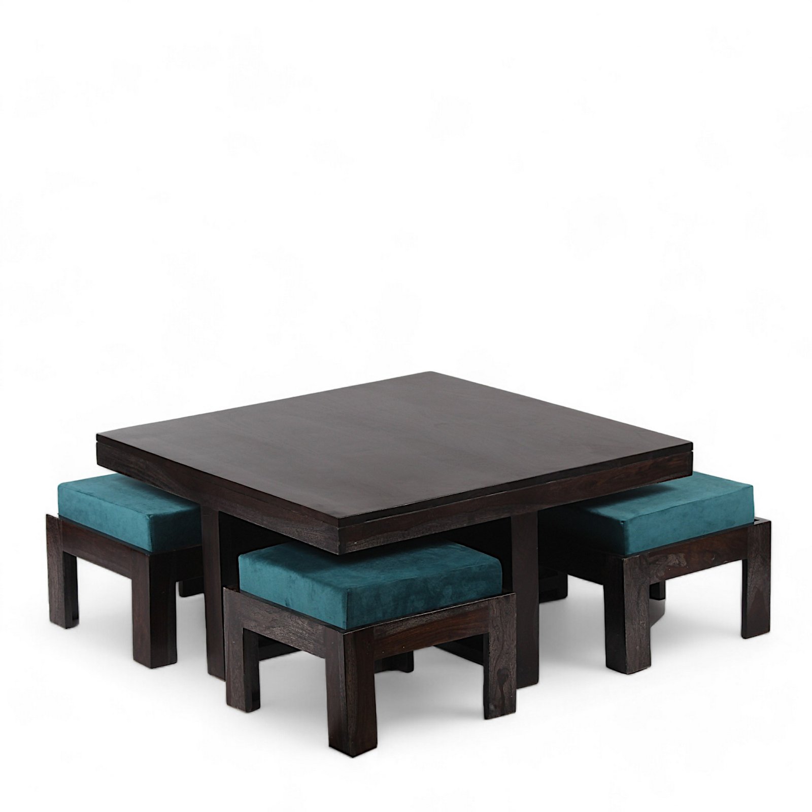 Ikiriya Blane Sheesham Wood Accent Coffee Table Set with 4 Stools in Dark Mahagony Finish with Turquoise Sea Velvet Cushions - Image 12