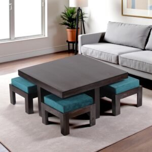 Ikiriya Blane Sheesham Wood Accent Coffee Table Set with 4 Stools in Dark Mahagony Finish with Turquoise Sea Velvet Cushions