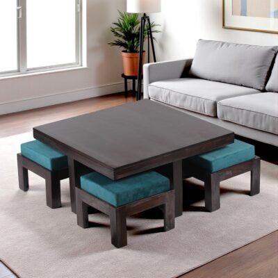 Ikiriya Blane Sheesham Wood Accent Coffee Table Set with 4 Stools in Dark Mahagony Finish with Turquoise Sea Velvet Cushions