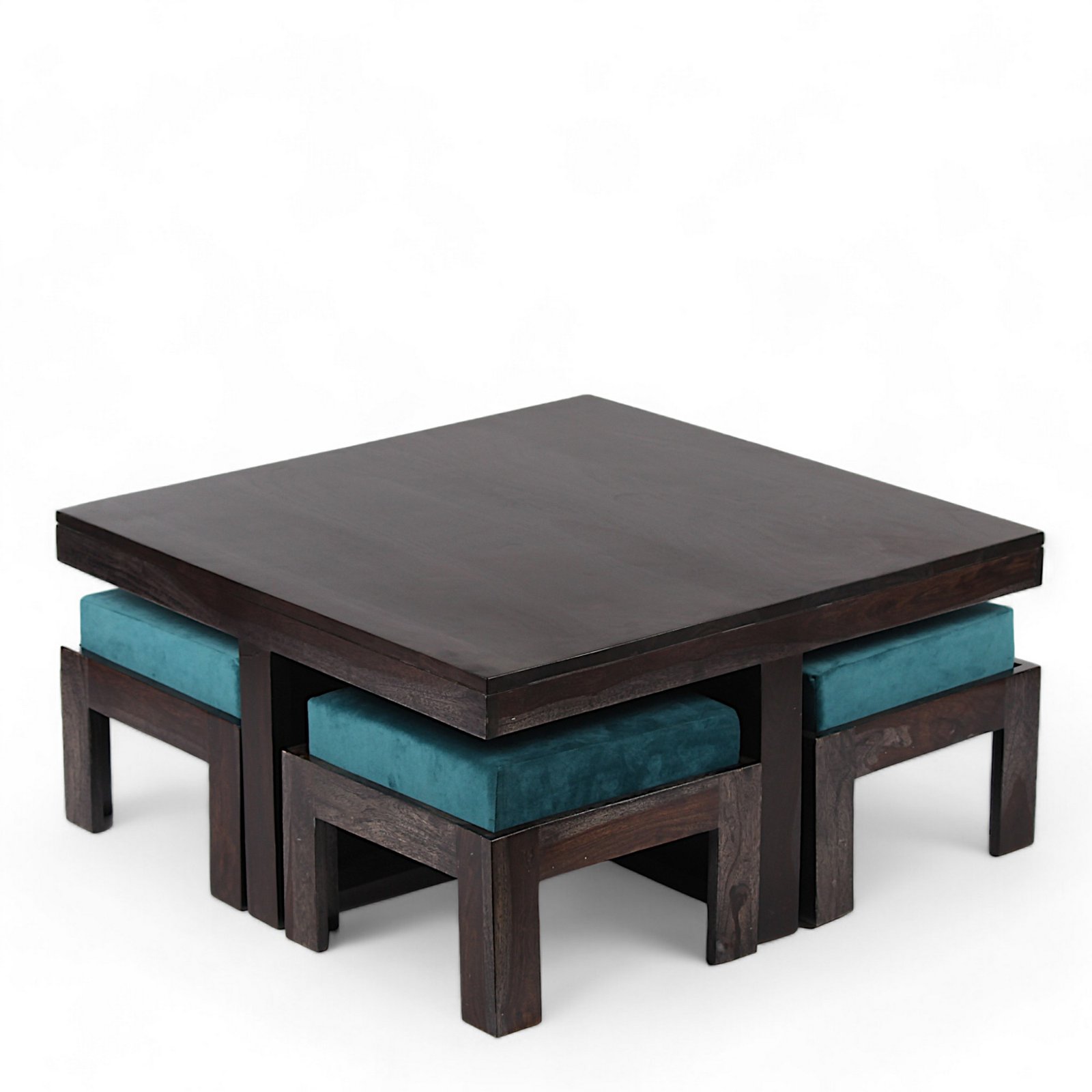 Ikiriya Blane Sheesham Wood Accent Coffee Table Set with 4 Stools in Dark Mahagony Finish with Turquoise Sea Velvet Cushions - Image 2