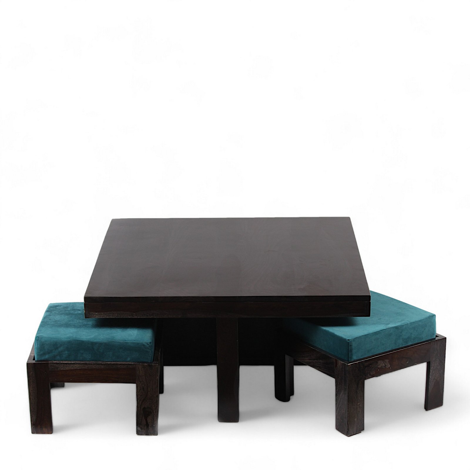 Ikiriya Blane Sheesham Wood Accent Coffee Table Set with 4 Stools in Dark Mahagony Finish with Turquoise Sea Velvet Cushions - Image 3