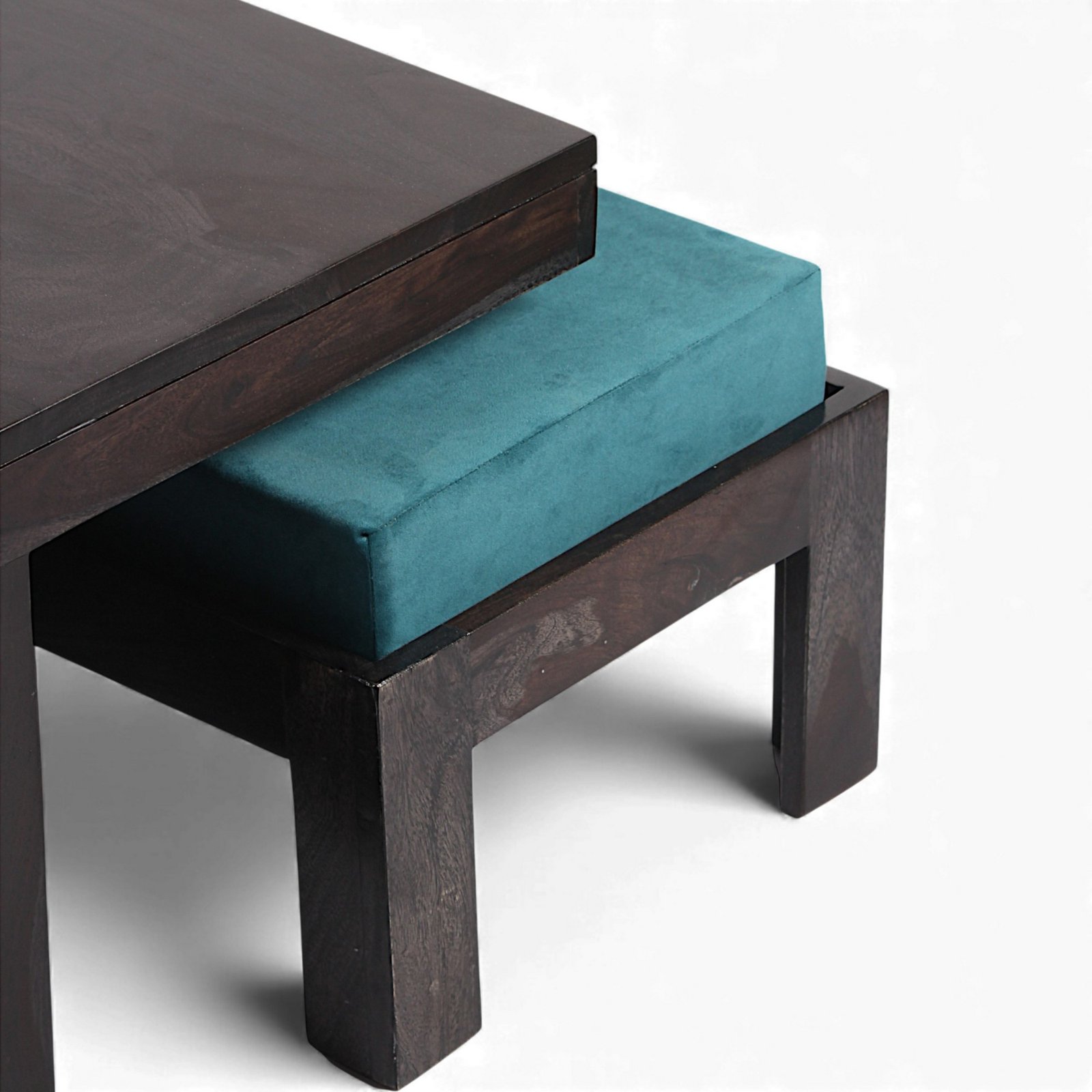 Ikiriya Blane Sheesham Wood Accent Coffee Table Set with 4 Stools in Dark Mahagony Finish with Turquoise Sea Velvet Cushions - Image 4