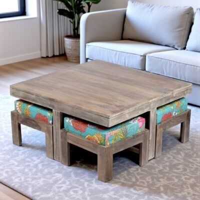 Ikiriya Blane Sheesham Wood Country Side Coffee Table Set with 4 Stools in Antique Grey Finish with Sea Green Fruit Print Kantha Cushions