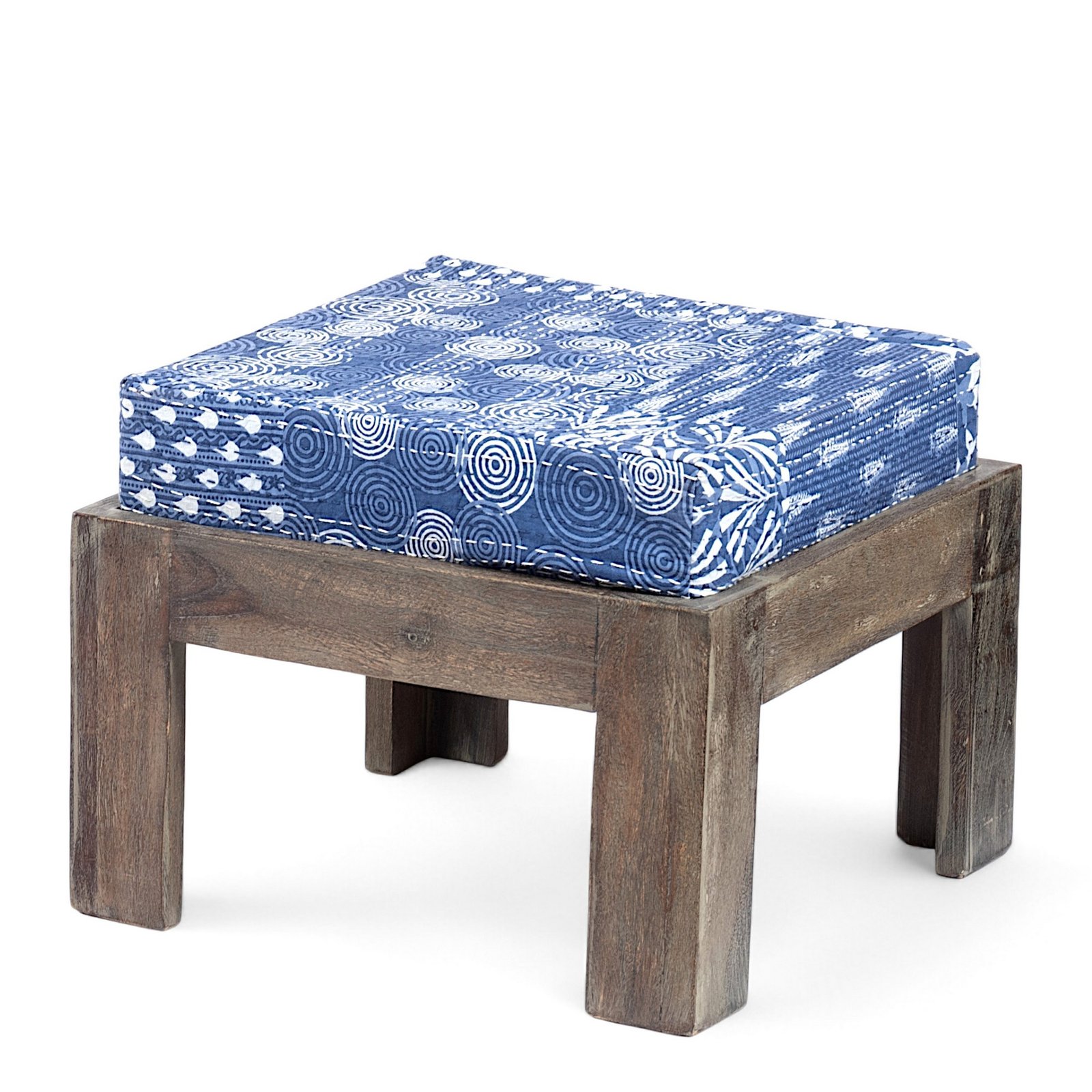 Ikiriya Blane Sheesham Wood Country Side Coffee Table Set with 4 Stools in Antique Grey Finish with indigo Patchwork Kantha Cushions - Image 10