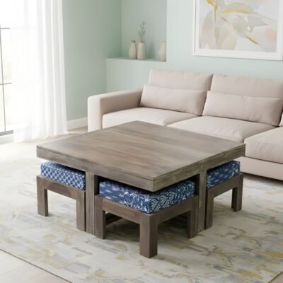 Ikiriya Blane Sheesham Wood Country Side Coffee Table Set with 4 Stools in Antique Grey Finish with indigo Patchwork Kantha Cushions