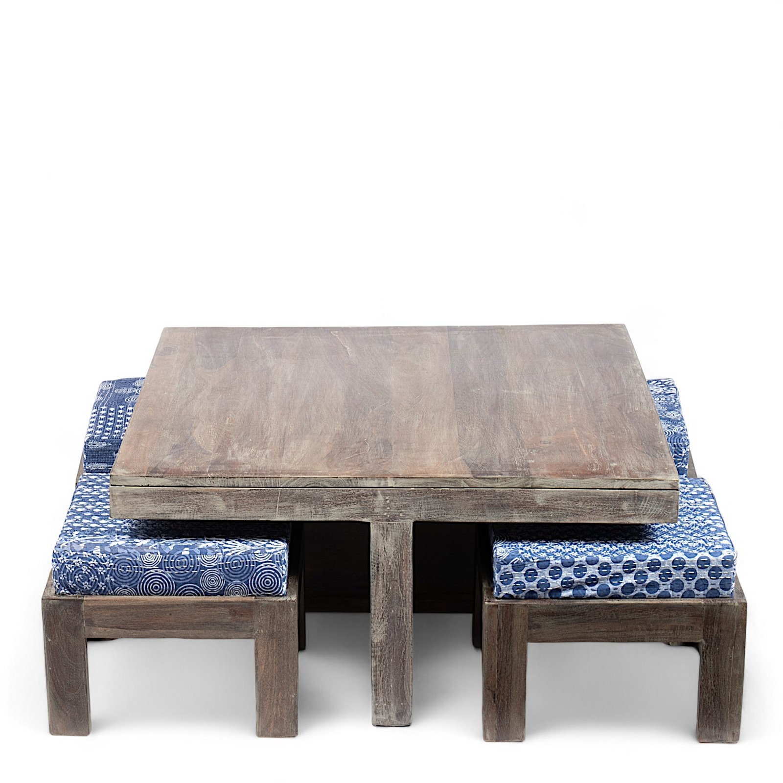 Ikiriya Blane Sheesham Wood Country Side Coffee Table Set with 4 Stools in Antique Grey Finish with indigo Patchwork Kantha Cushions - Image 2