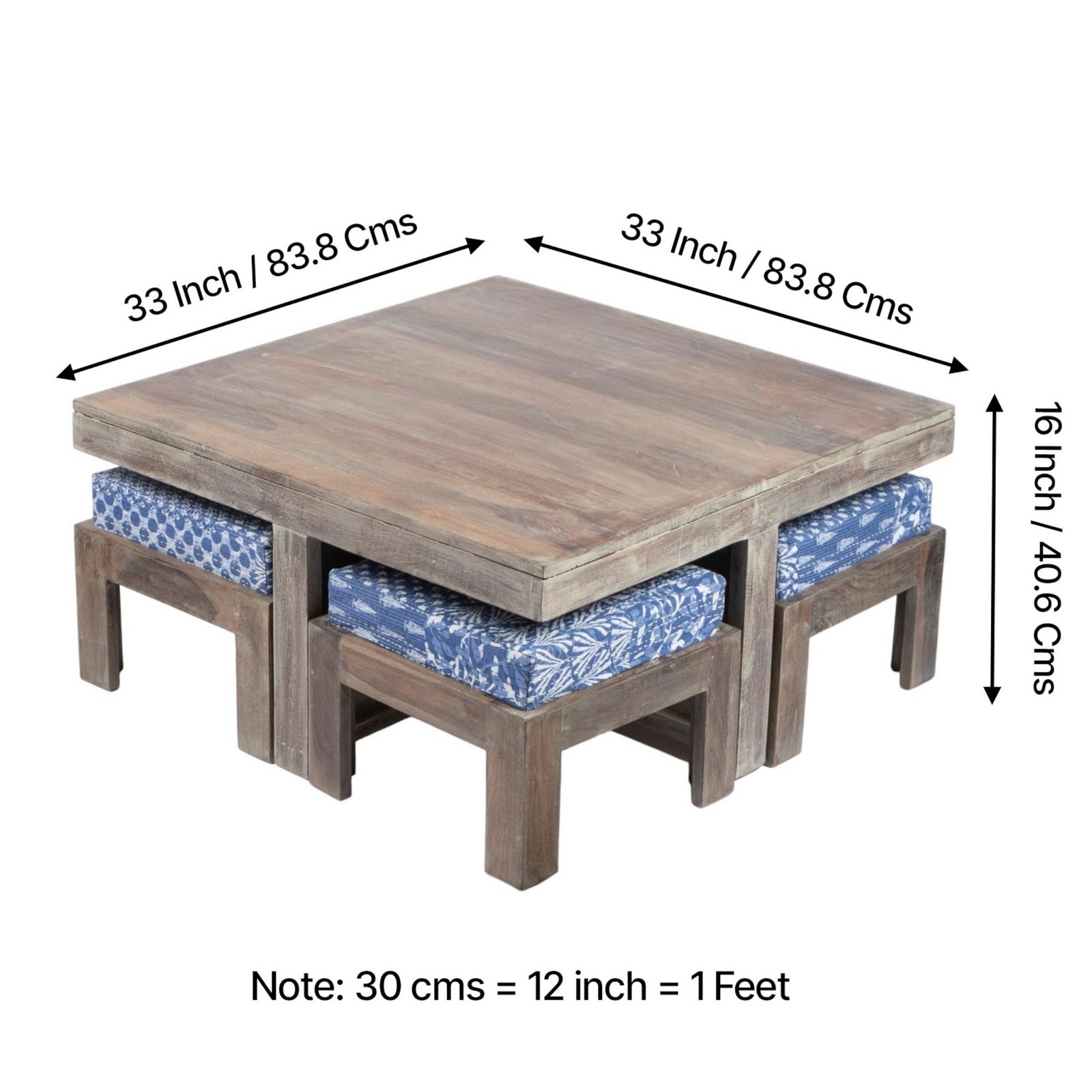 Ikiriya Blane Sheesham Wood Country Side Coffee Table Set with 4 Stools in Antique Grey Finish with indigo Patchwork Kantha Cushions - Image 4