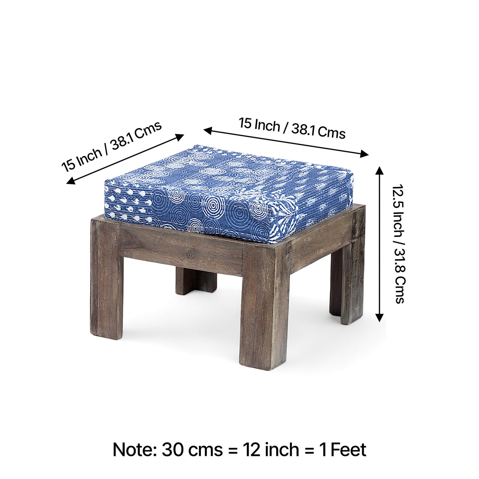 Ikiriya Blane Sheesham Wood Country Side Coffee Table Set with 4 Stools in Antique Grey Finish with indigo Patchwork Kantha Cushions - Image 5
