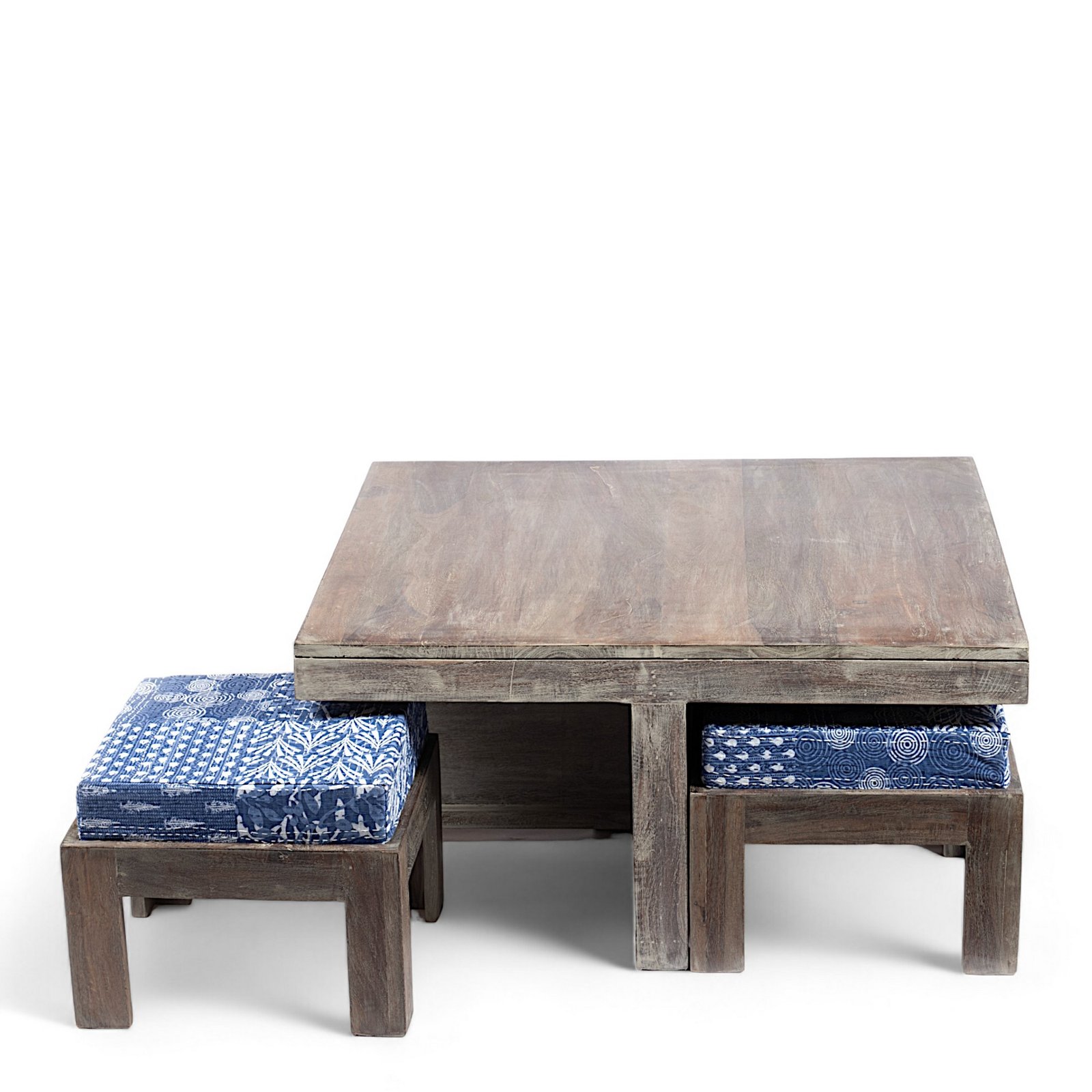 Ikiriya Blane Sheesham Wood Country Side Coffee Table Set with 4 Stools in Antique Grey Finish with indigo Patchwork Kantha Cushions - Image 6