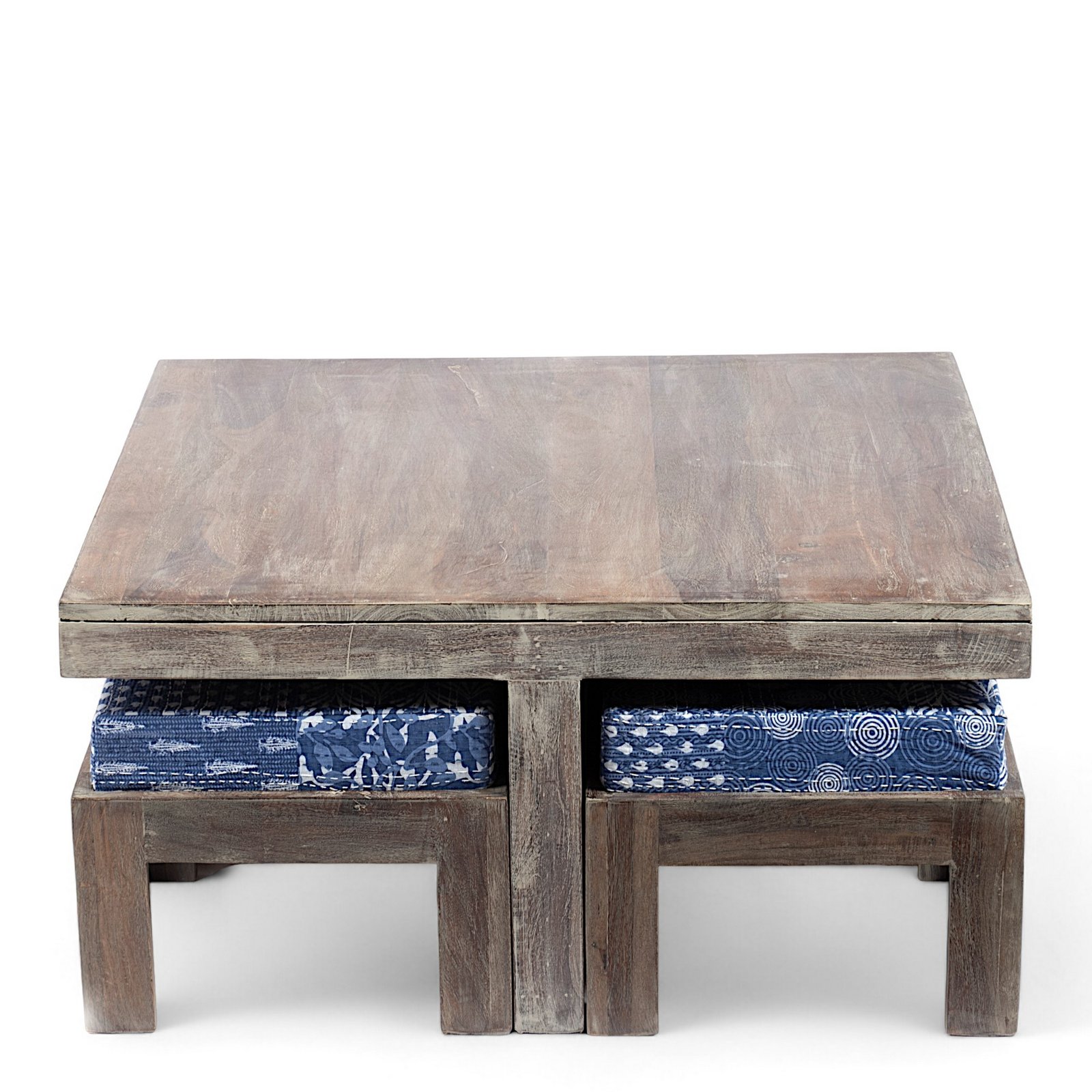Ikiriya Blane Sheesham Wood Country Side Coffee Table Set with 4 Stools in Antique Grey Finish with indigo Patchwork Kantha Cushions - Image 8