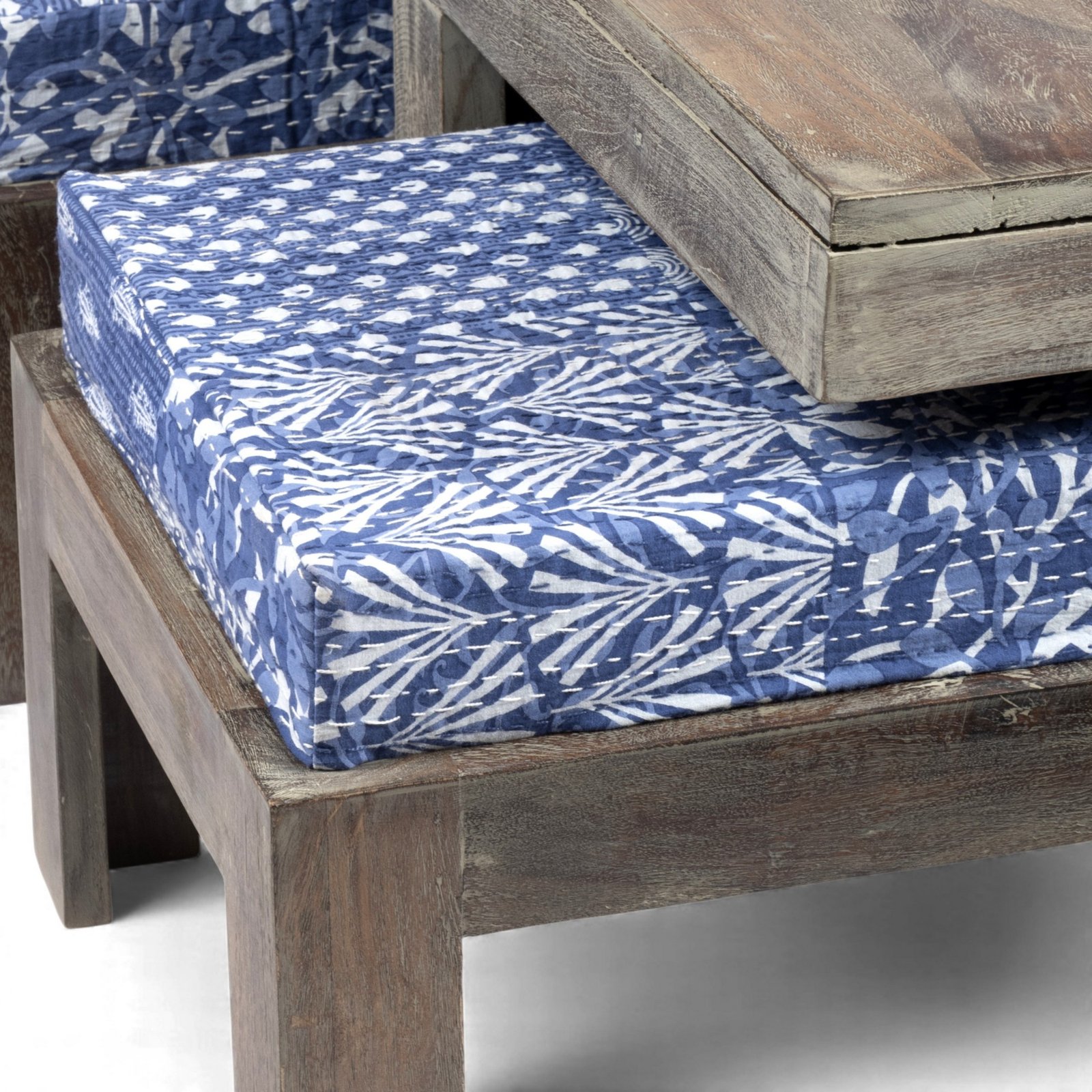 Ikiriya Blane Sheesham Wood Country Side Coffee Table Set with 4 Stools in Antique Grey Finish with indigo Patchwork Kantha Cushions - Image 9