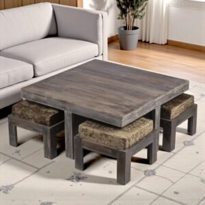 Ikiriya Blane Sheesham Wood Country Side Coffee Table Set with 4 Stools in Antique Grey Finish with Green Sparkle Velvet Cushions
