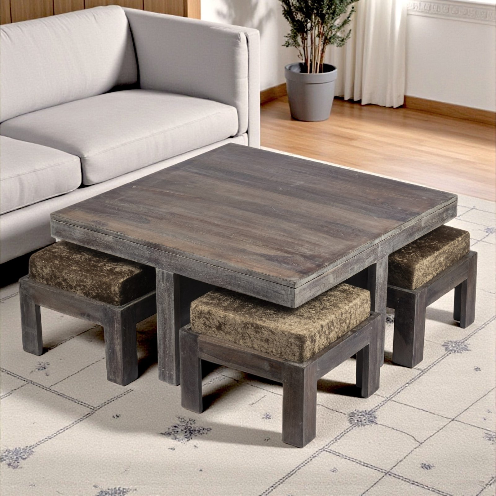 Ikiriya Blane Sheesham Wood Country Side Coffee Table Set with 4 Stools in Antique Grey Finish with Green Sparkle Velvet Cushions