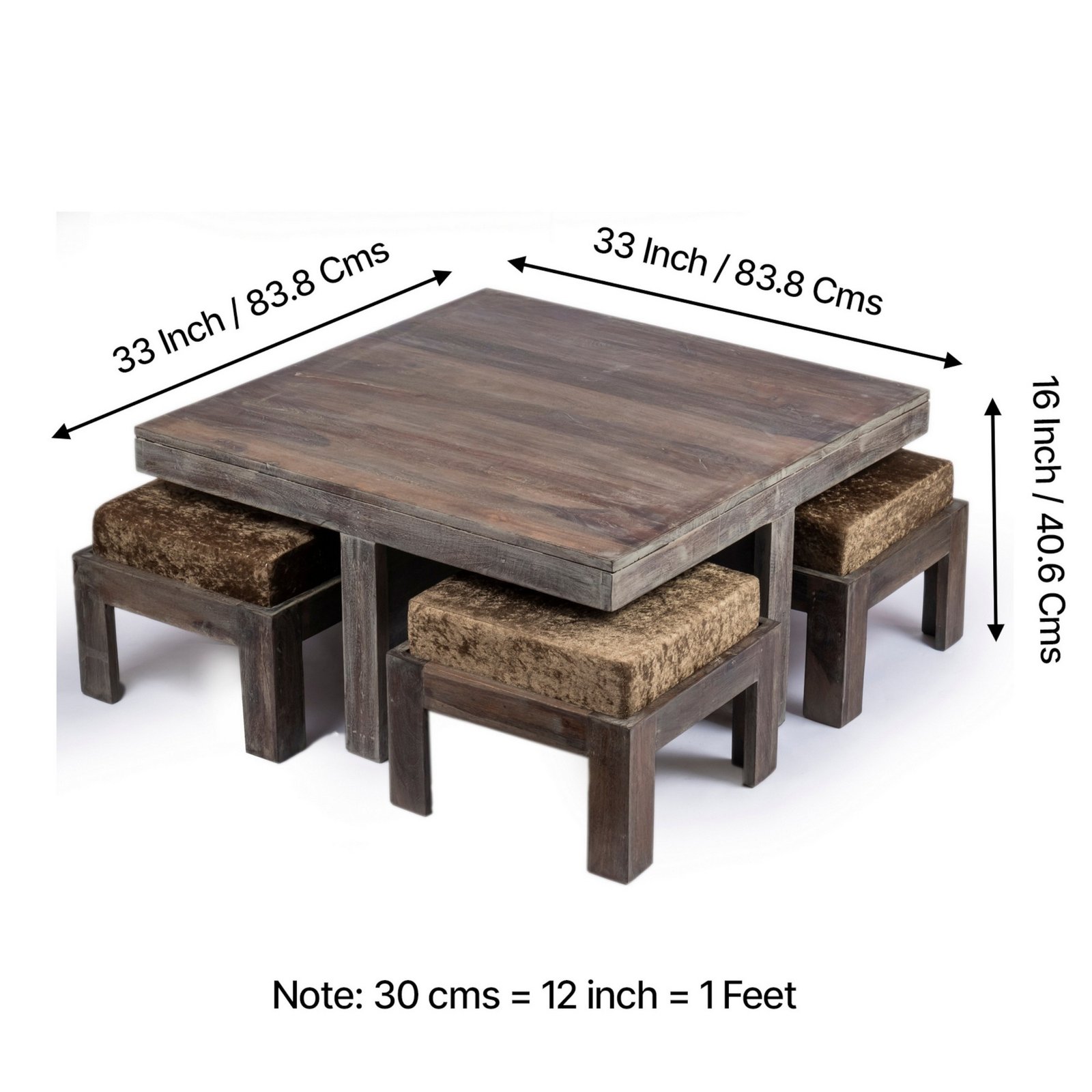 Ikiriya Blane Sheesham Wood Country Side Coffee Table Set with 4 Stools in Antique Grey Finish with Green Sparkle Velvet Cushions - Image 3