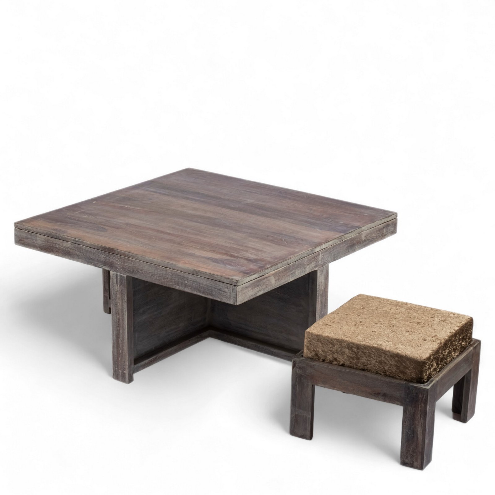 Ikiriya Blane Sheesham Wood Country Side Coffee Table Set with 4 Stools in Antique Grey Finish with Green Sparkle Velvet Cushions - Image 4