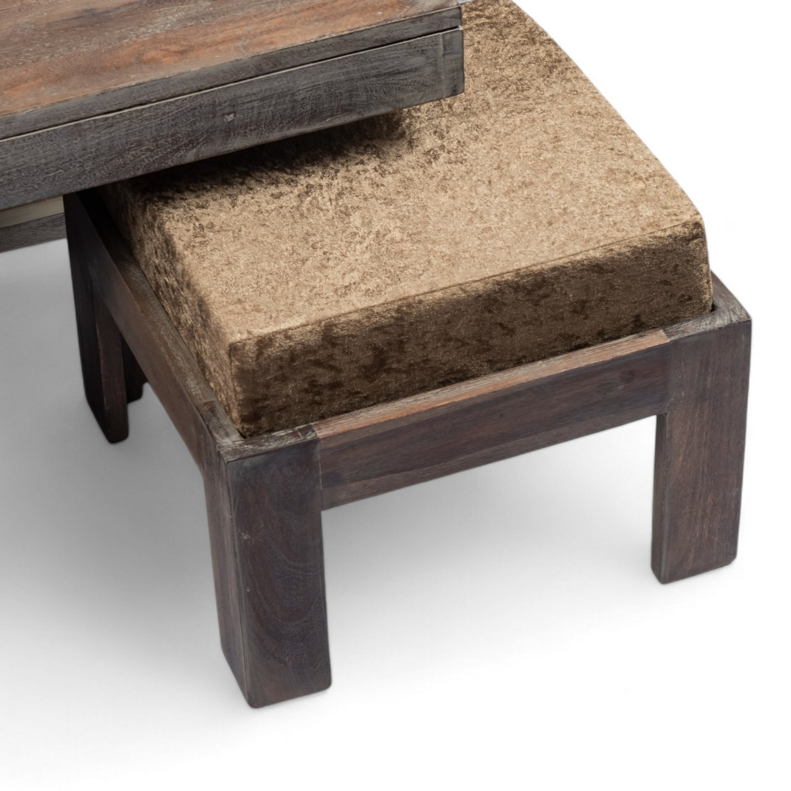 Ikiriya Blane Sheesham Wood Country Side Coffee Table Set with 4 Stools in Antique Grey Finish with Green Sparkle Velvet Cushions - Image 6