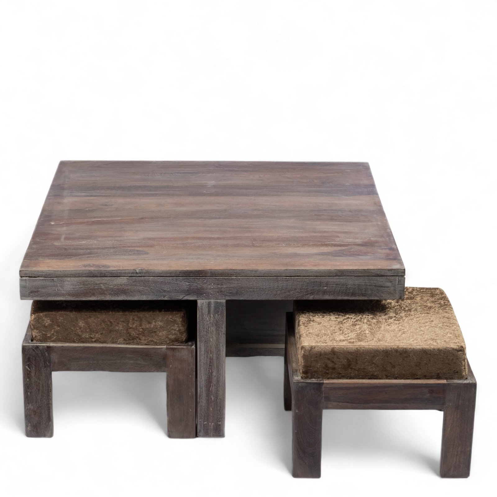 Ikiriya Blane Sheesham Wood Country Side Coffee Table Set with 4 Stools in Antique Grey Finish with Green Sparkle Velvet Cushions - Image 8