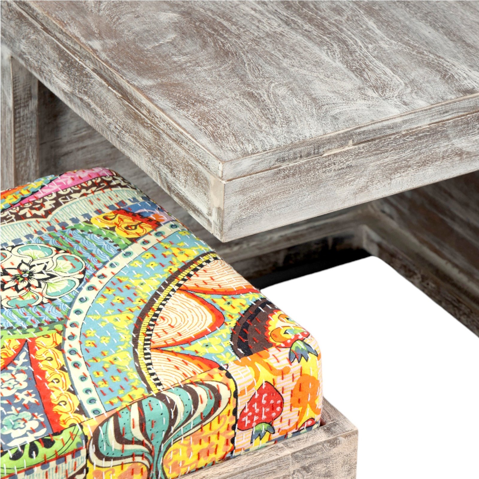 Ikiriya Blane Sheesham Wood Country Side Coffee Table Set with 4 Stools in Antique Multi-Colour Finish with Israel Print Patchwork Kantha Cushions - Image 11