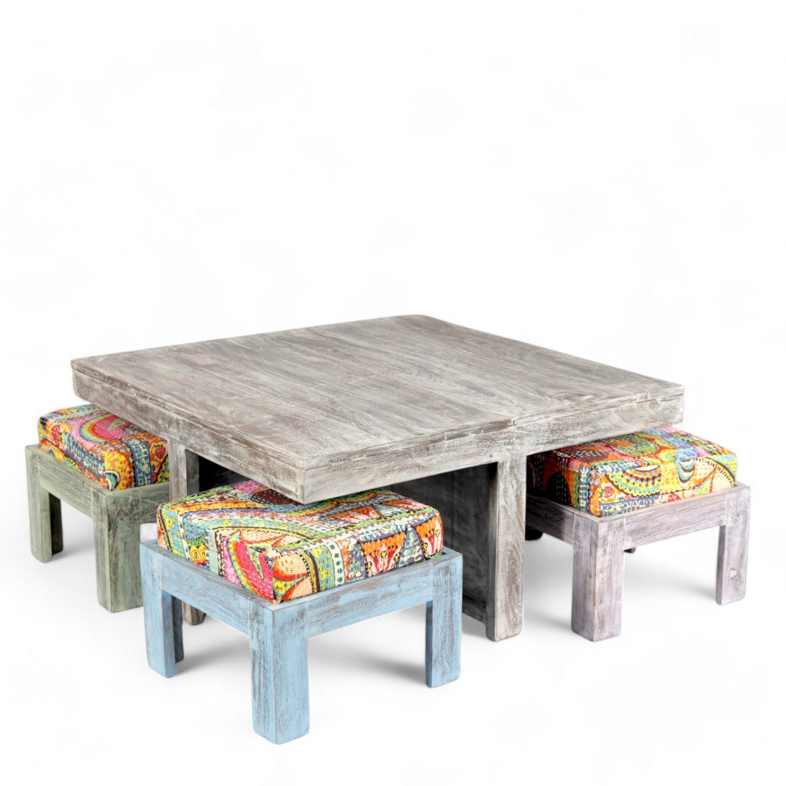 Ikiriya Blane Sheesham Wood Country Side Coffee Table Set with 4 Stools in Antique Multi-Colour Finish with Israel Print Patchwork Kantha Cushions - Image 12