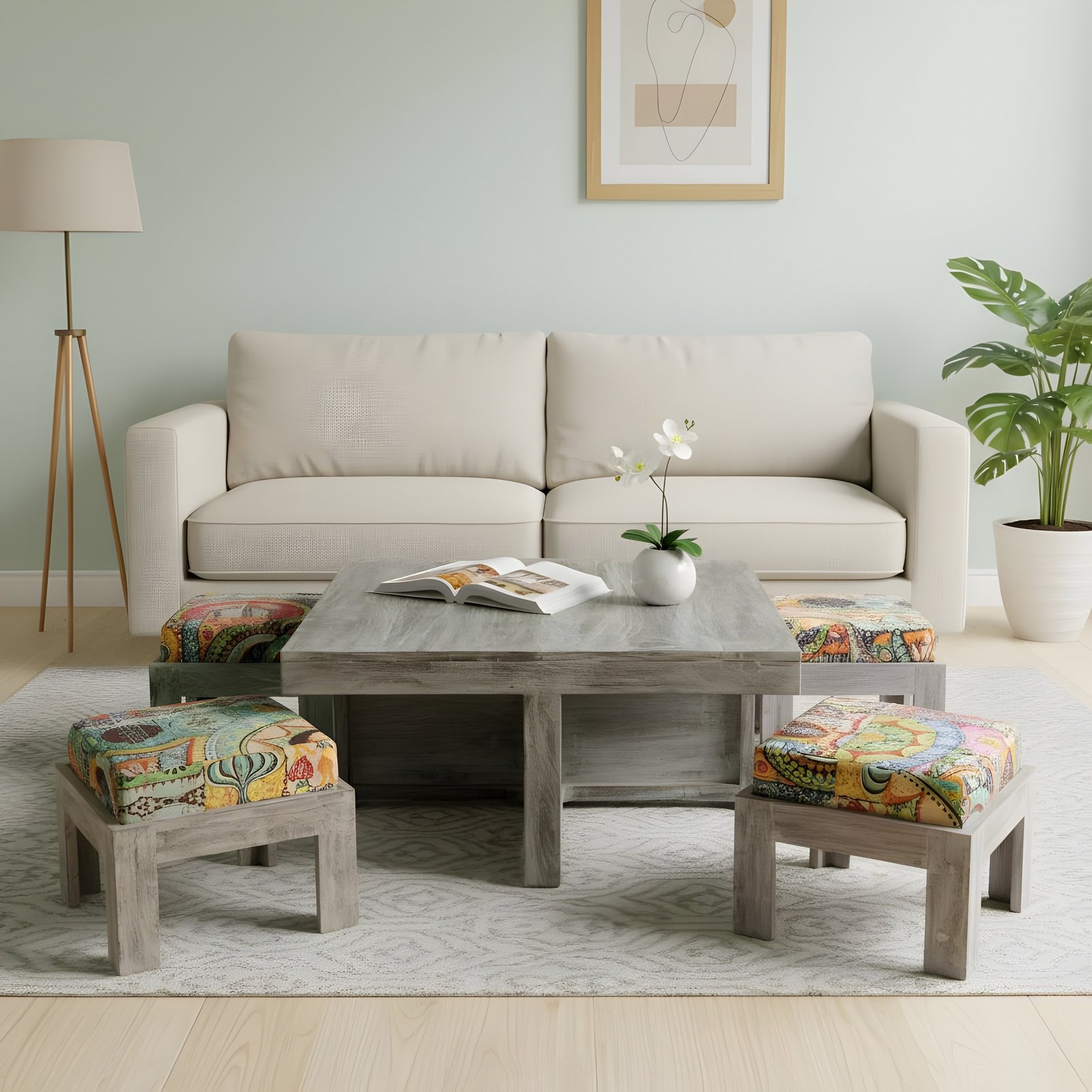 Ikiriya Blane Sheesham Wood Country Side Coffee Table Set with 4 Stools in Antique Multi-Colour Finish with Israel Print Patchwork Kantha Cushions - Image 13