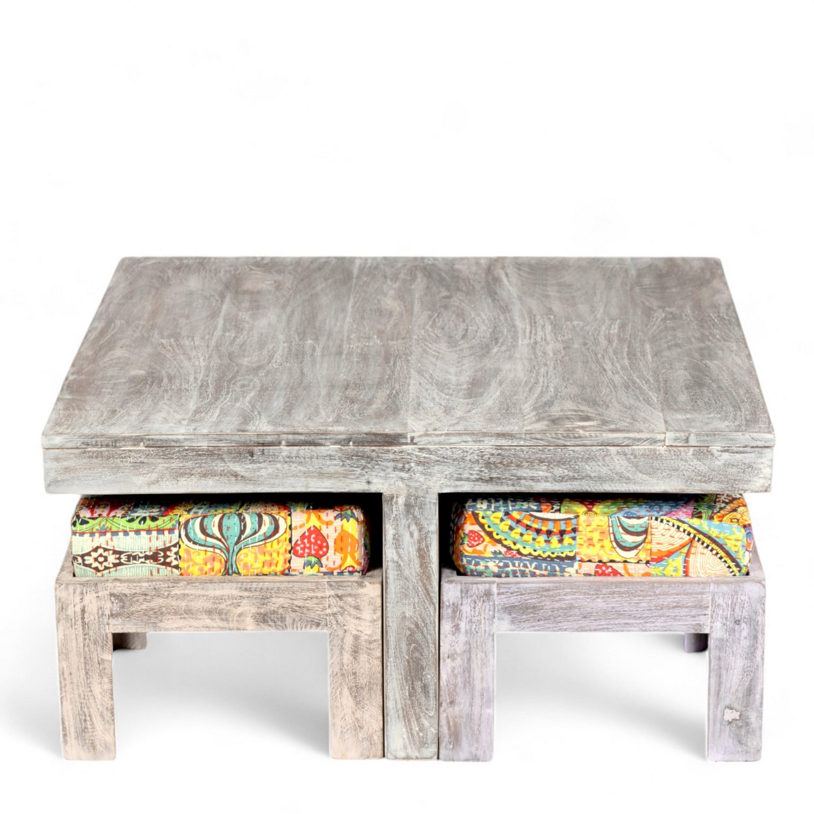 Ikiriya Blane Sheesham Wood Country Side Coffee Table Set with 4 Stools in Antique Multi-Colour Finish with Israel Print Patchwork Kantha Cushions - Image 2