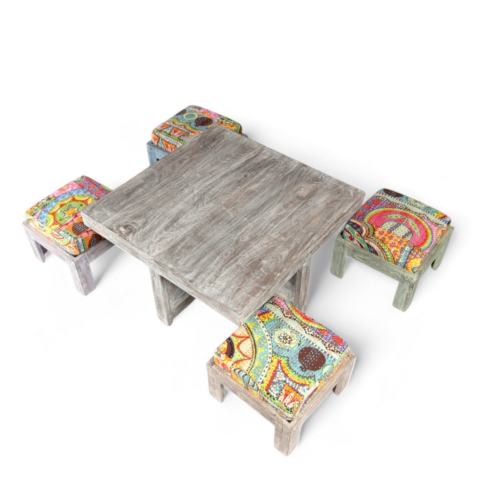 Ikiriya Blane Sheesham Wood Country Side Coffee Table Set with 4 Stools in Antique Multi-Colour Finish with Israel Print Patchwork Kantha Cushions - Image 3