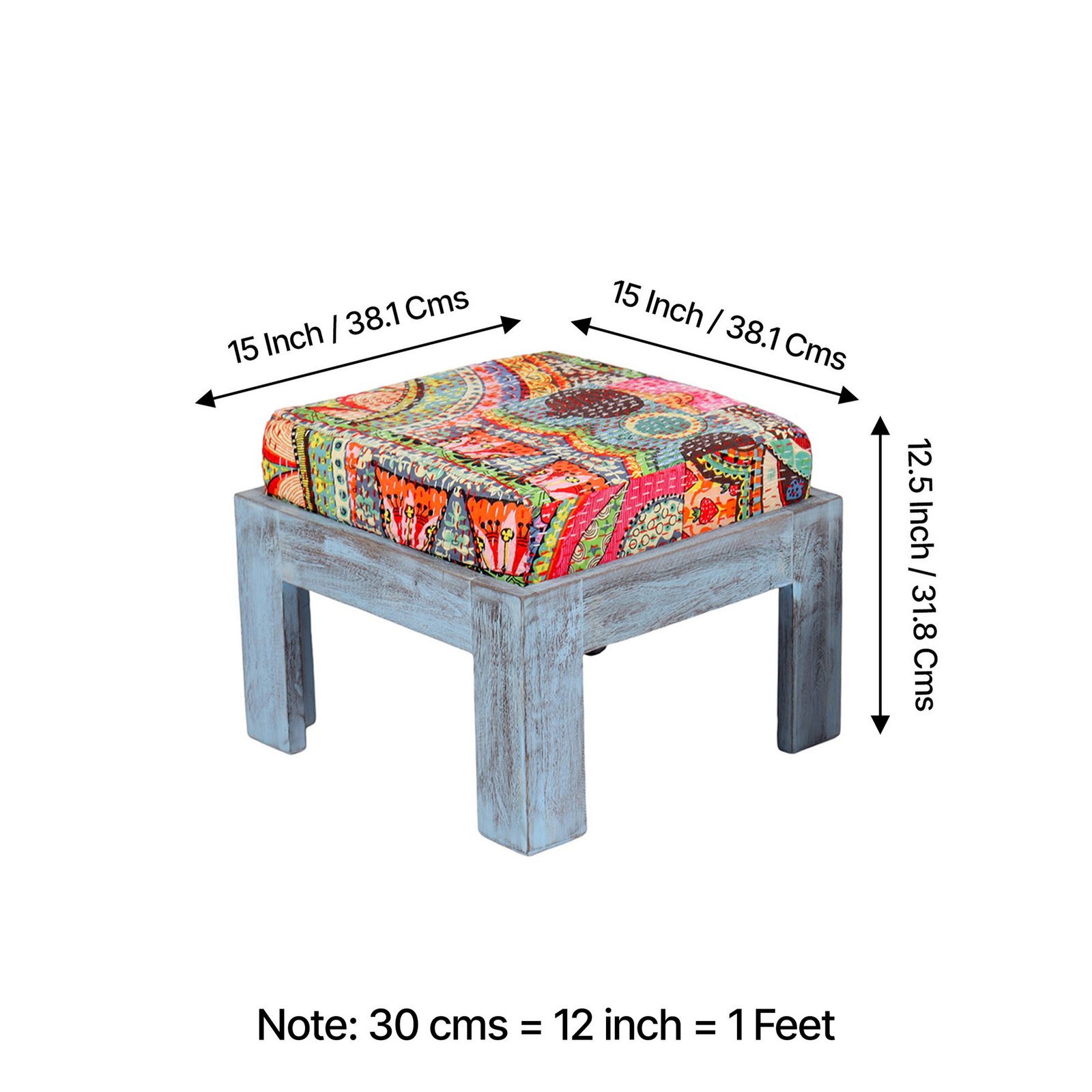 Ikiriya Blane Sheesham Wood Country Side Coffee Table Set with 4 Stools in Antique Multi-Colour Finish with Israel Print Patchwork Kantha Cushions - Image 5