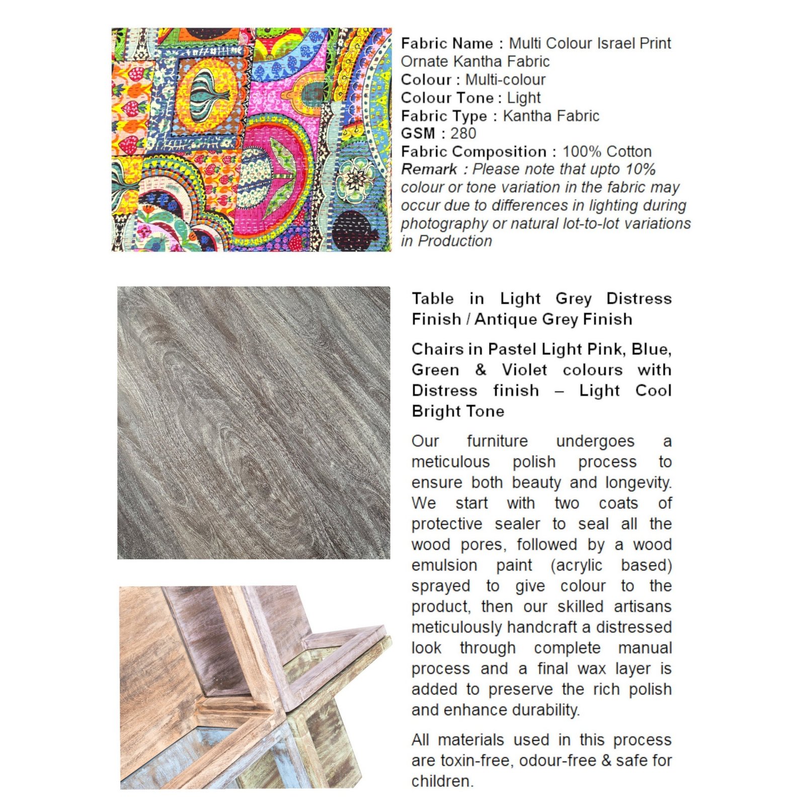 Ikiriya Blane Sheesham Wood Country Side Coffee Table Set with 4 Stools in Antique Multi-Colour Finish with Israel Print Patchwork Kantha Cushions - Image 6