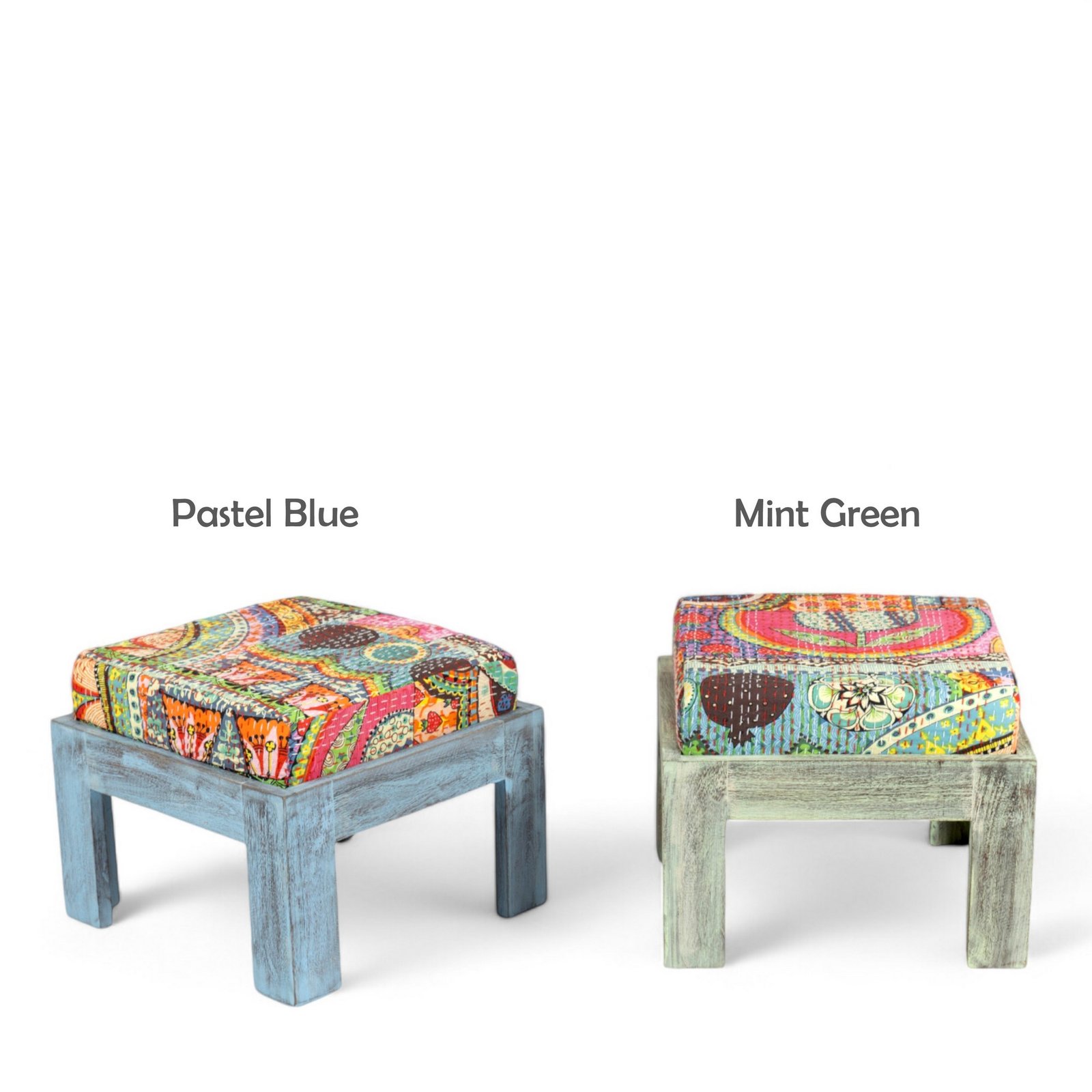 Ikiriya Blane Sheesham Wood Country Side Coffee Table Set with 4 Stools in Antique Multi-Colour Finish with Israel Print Patchwork Kantha Cushions - Image 9