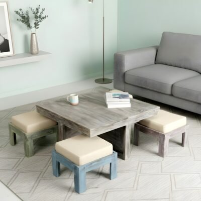 Ikiriya Blane Sheesham Wood Country Side Coffee Table Set with 4 Stools in Antique Multi-Colour Finish with Jute White Cushions