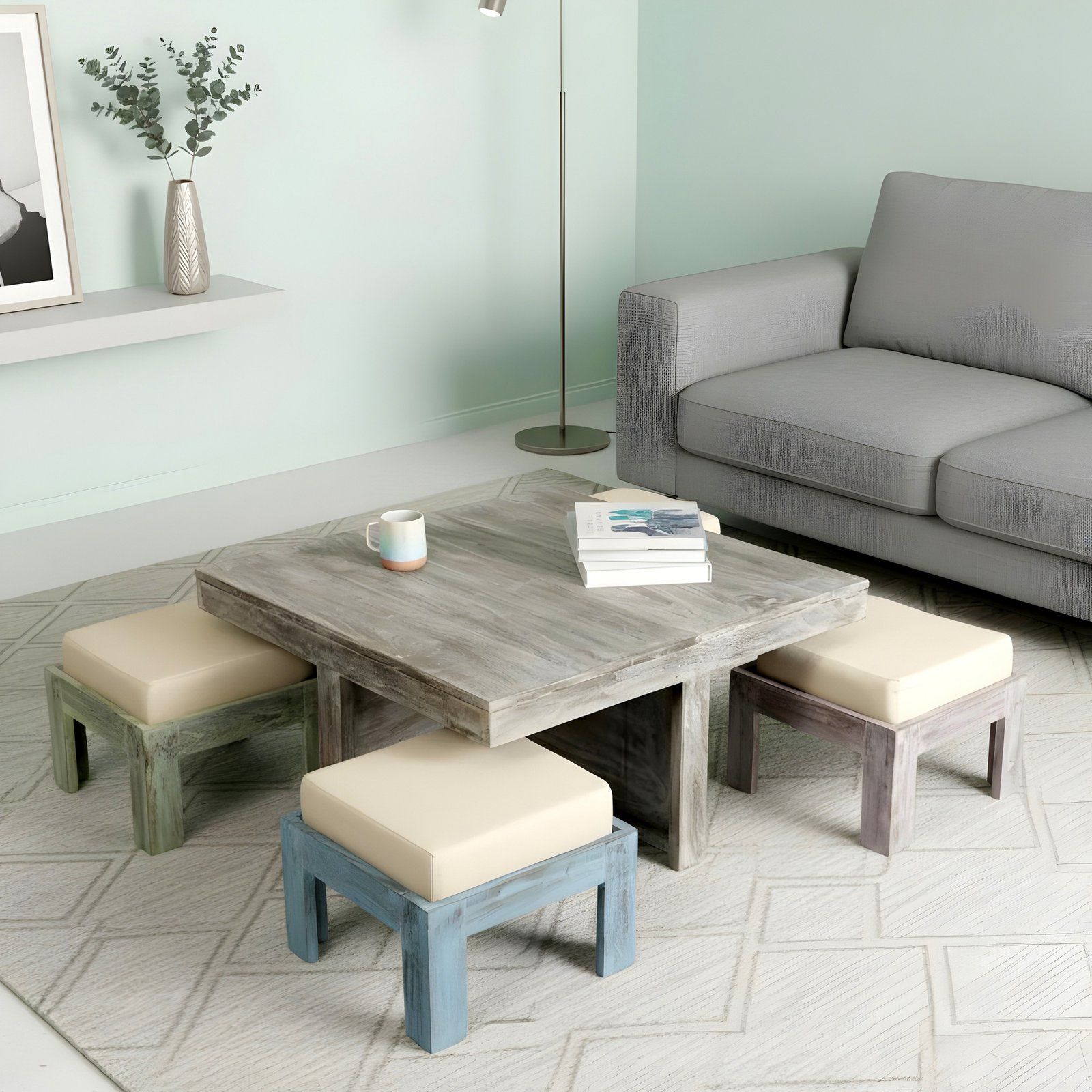 Ikiriya Blane Sheesham Wood Country Side Coffee Table Set with 4 Stools in Antique Multi-Colour Finish with Jute White Cushions