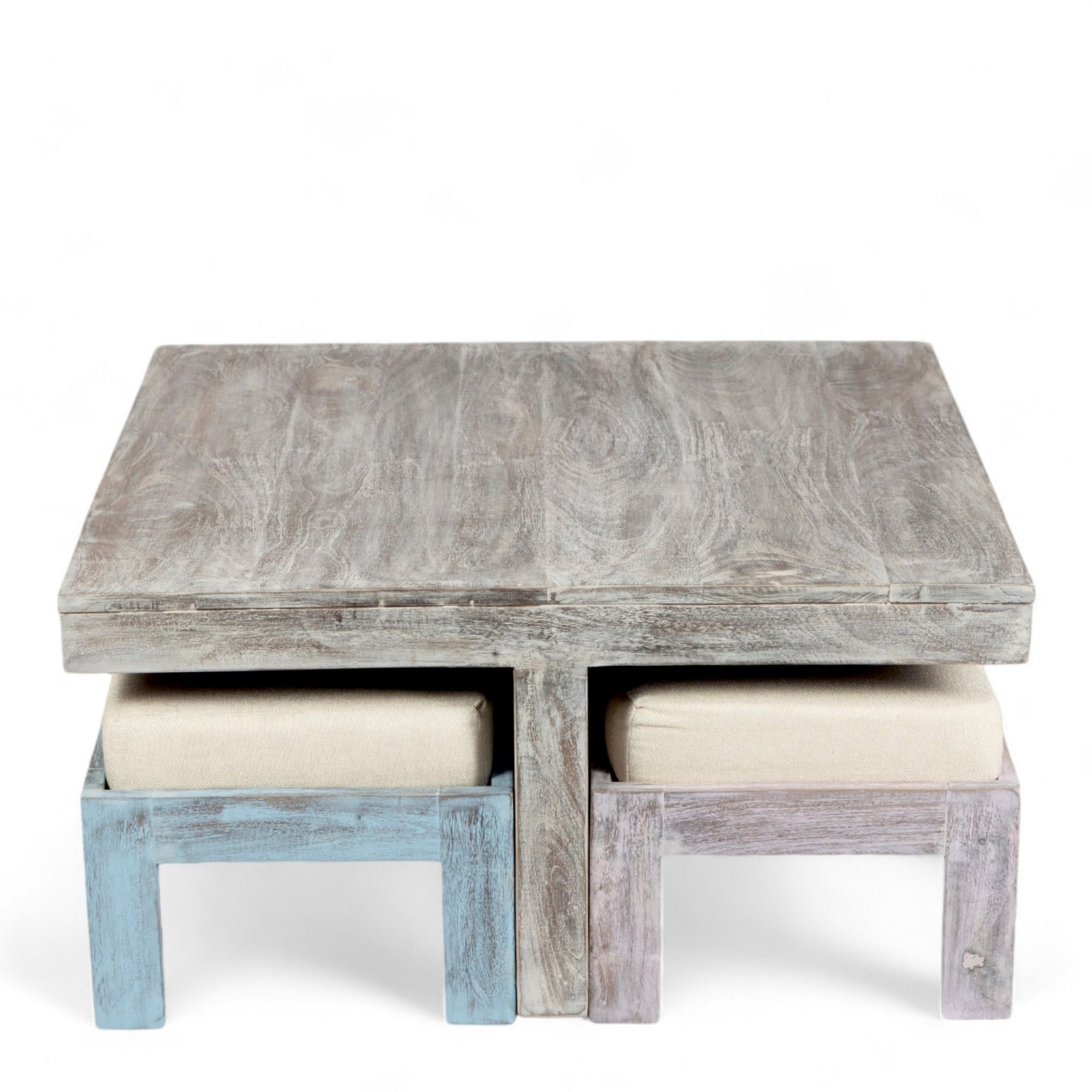 Ikiriya Blane Sheesham Wood Country Side Coffee Table Set with 4 Stools in Antique Multi-Colour Finish with Jute White Cushions - Image 2