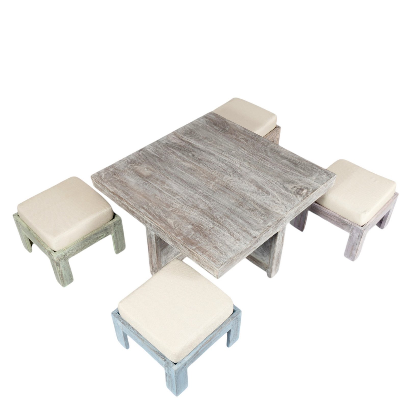 Ikiriya Blane Sheesham Wood Country Side Coffee Table Set with 4 Stools in Antique Multi-Colour Finish with Jute White Cushions - Image 3